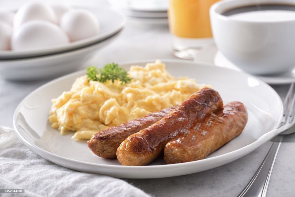 A plate of breakfast food on top of the table.