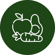 A green circle with an apple, carrot and apple.