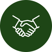 A green circle with two hands shaking