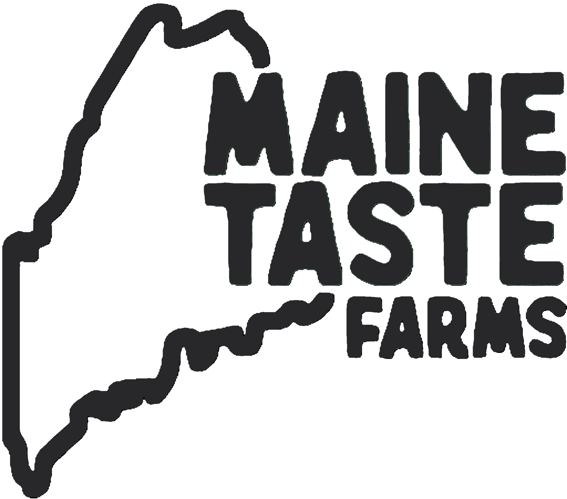 A green background with black letters that say maine taste farm.