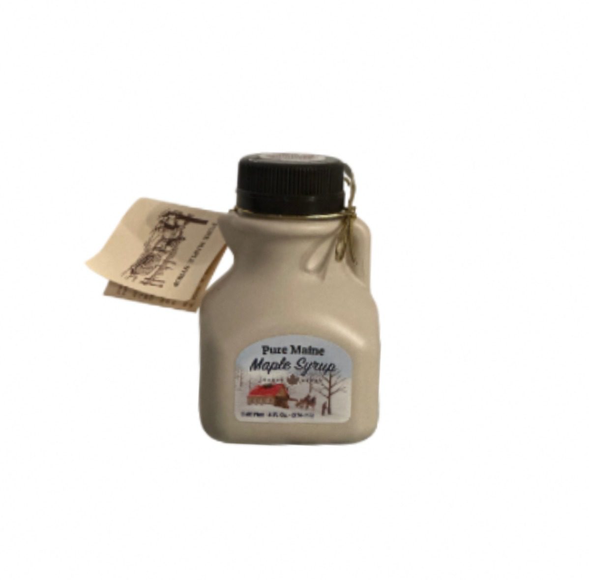 A bottle of maple syrup with a label on it.