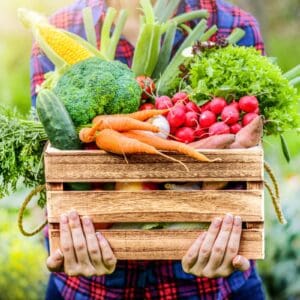 A person holding a crate of vegetables in their hands.